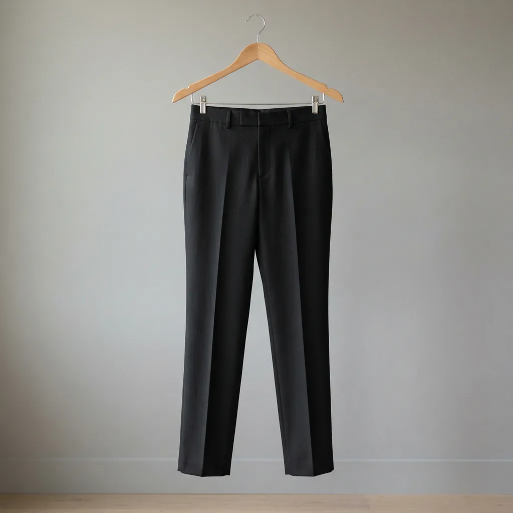 A pair of tailored black Wilfred dress pants displayed on a hanger against a neutral background.
