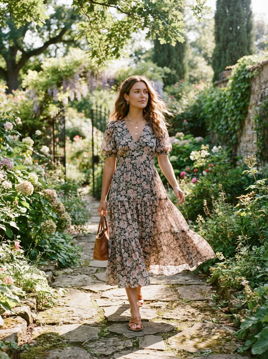 A stylish woman in a flowing Wilfred dress walking through a sun-dappled garden path, looking thoughtfully ahead.