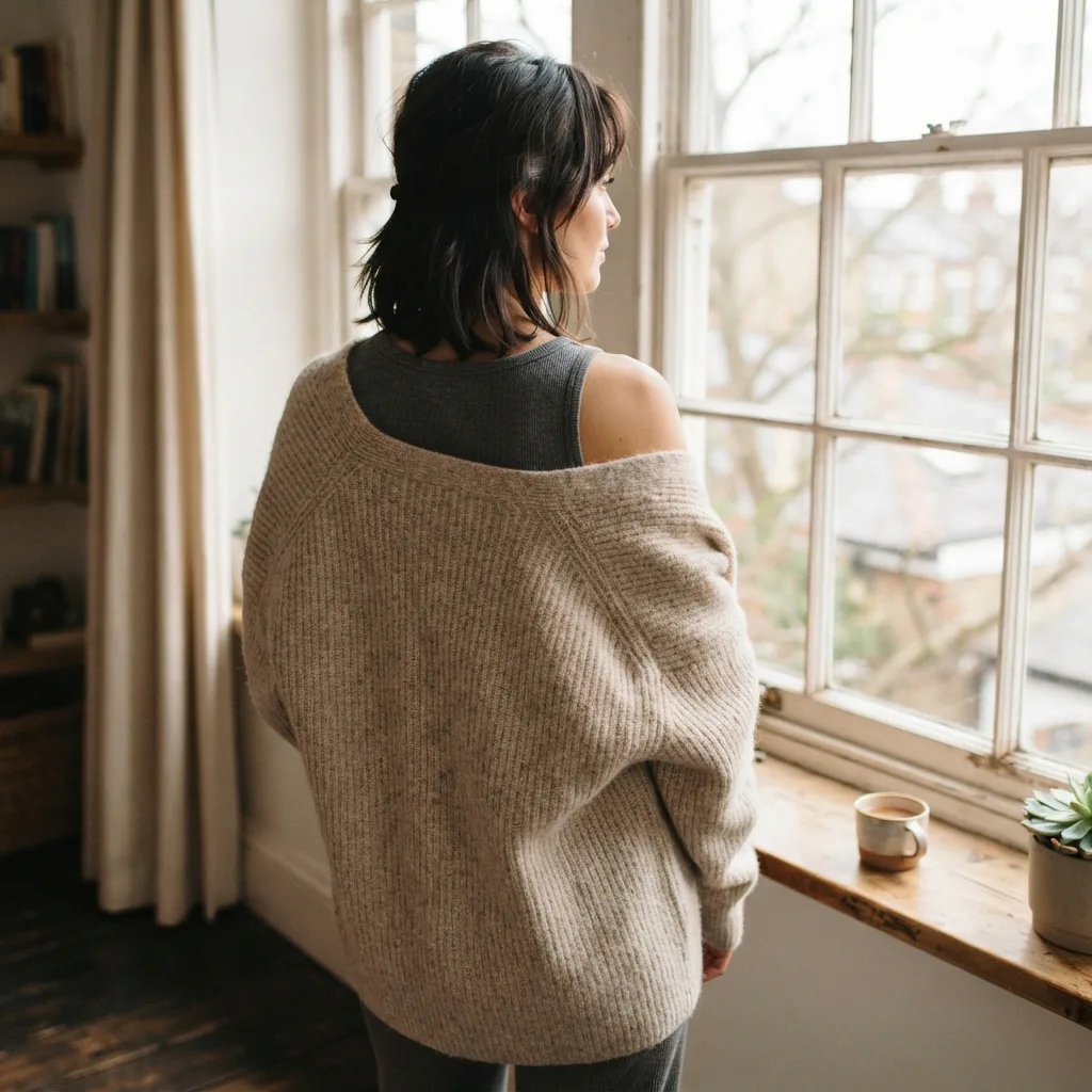 A soft, open-front Wilfred cardigan in Size L, draped over a person's shoulders from behind.