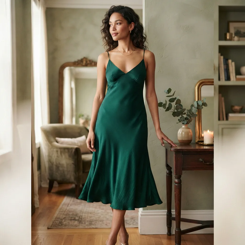 A Wilfred cocktail dress in Size M on a model, captured in a softly lit room with elegant decor.