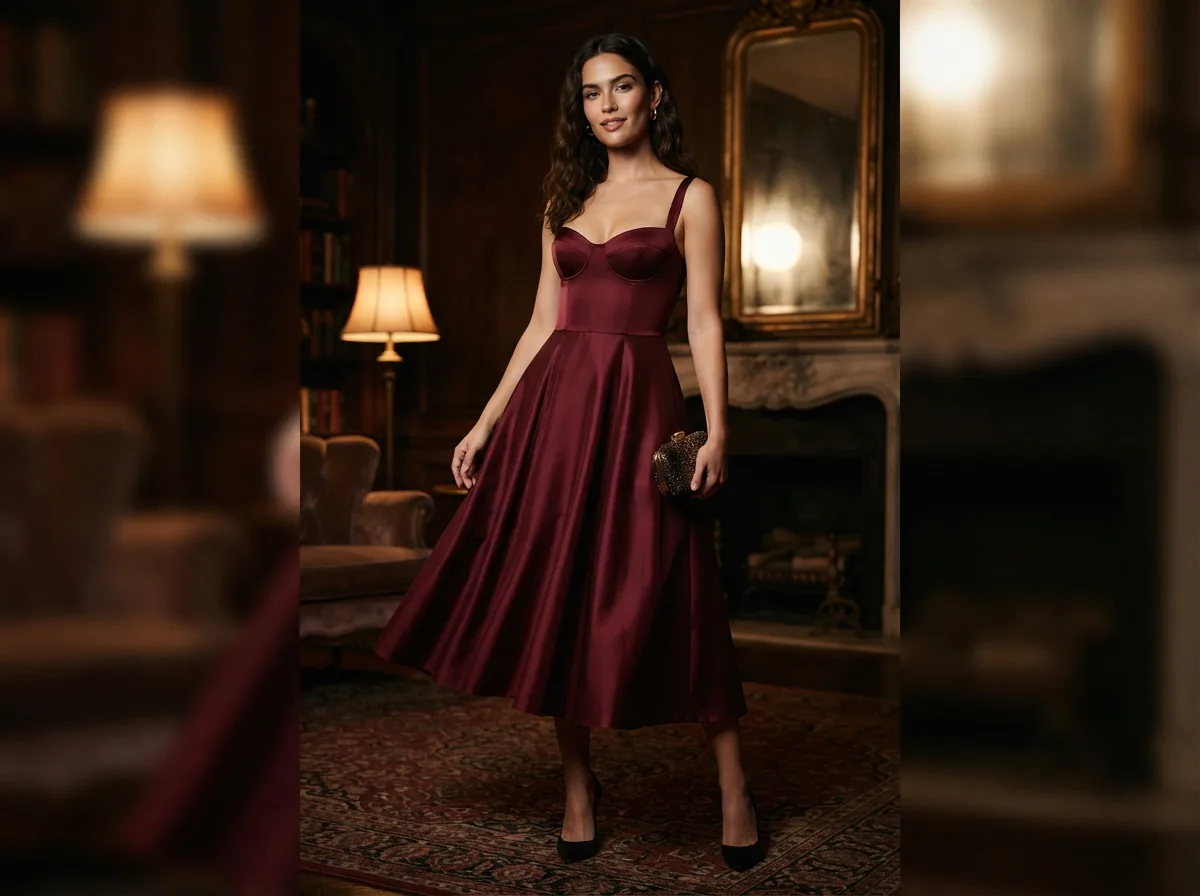A Wilfred cocktail dress in Size L, beautifully styled on a model in an elegant evening setting.