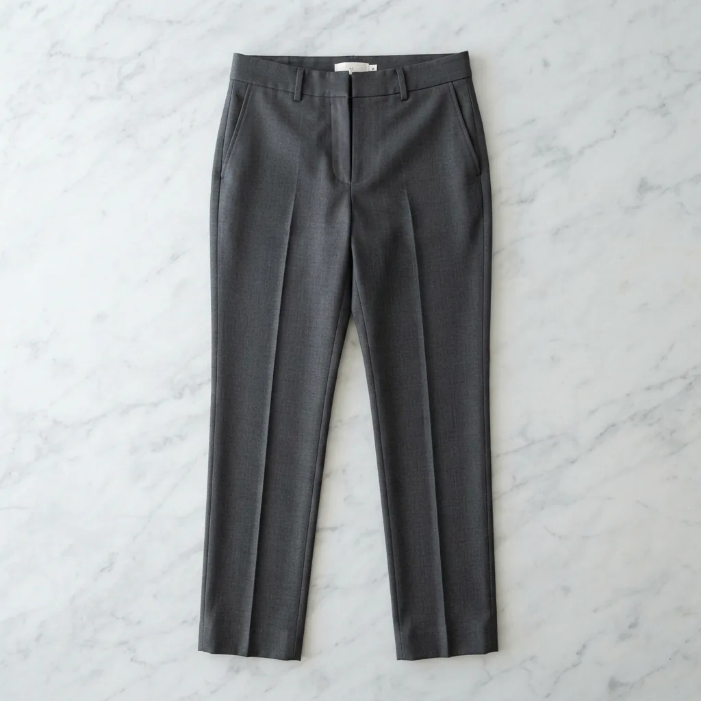 Wilfred dress pants in a soft charcoal fabric, laid flat on a marble surface.