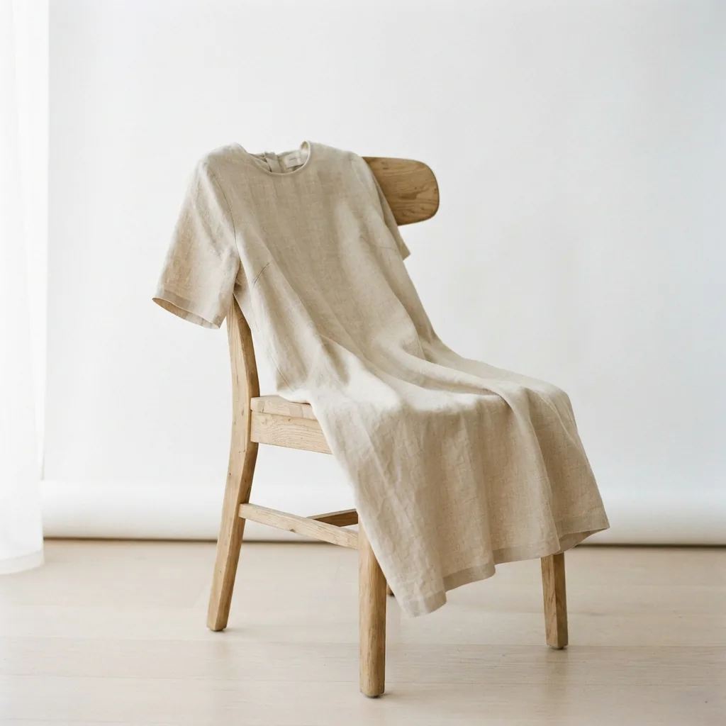 A relaxed-fit Wilfred casual dress in a soft, neutral linen blend, draped over a minimalist chair.