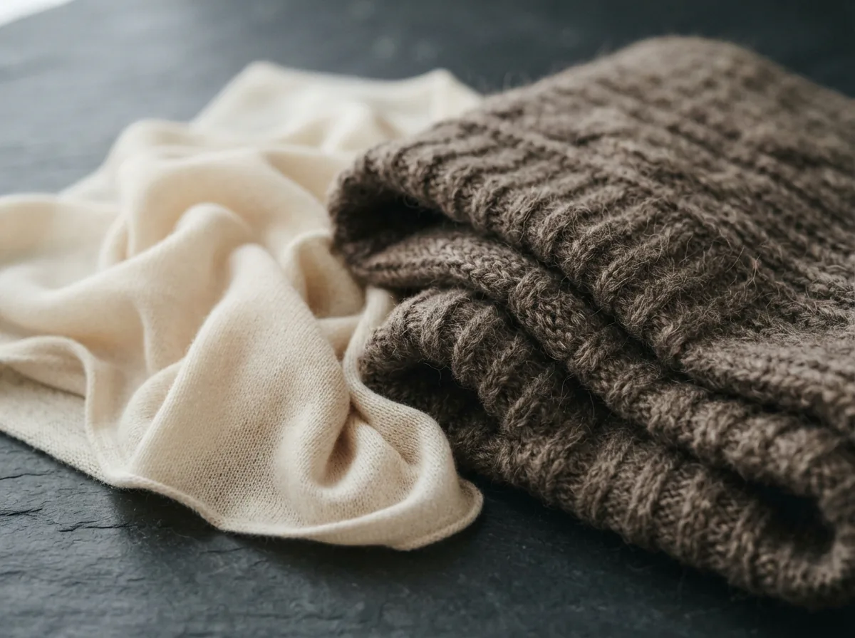 A collection of different Wilfred cardigan fabrics and weights displayed together.